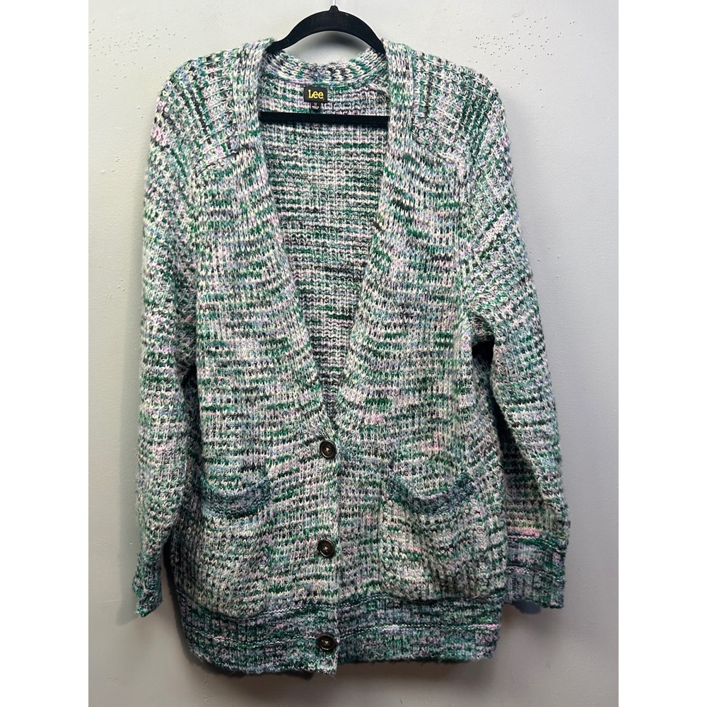 Lee Cardigan Women 1X Green Purple Space Dye Button Front Pocket Sweater